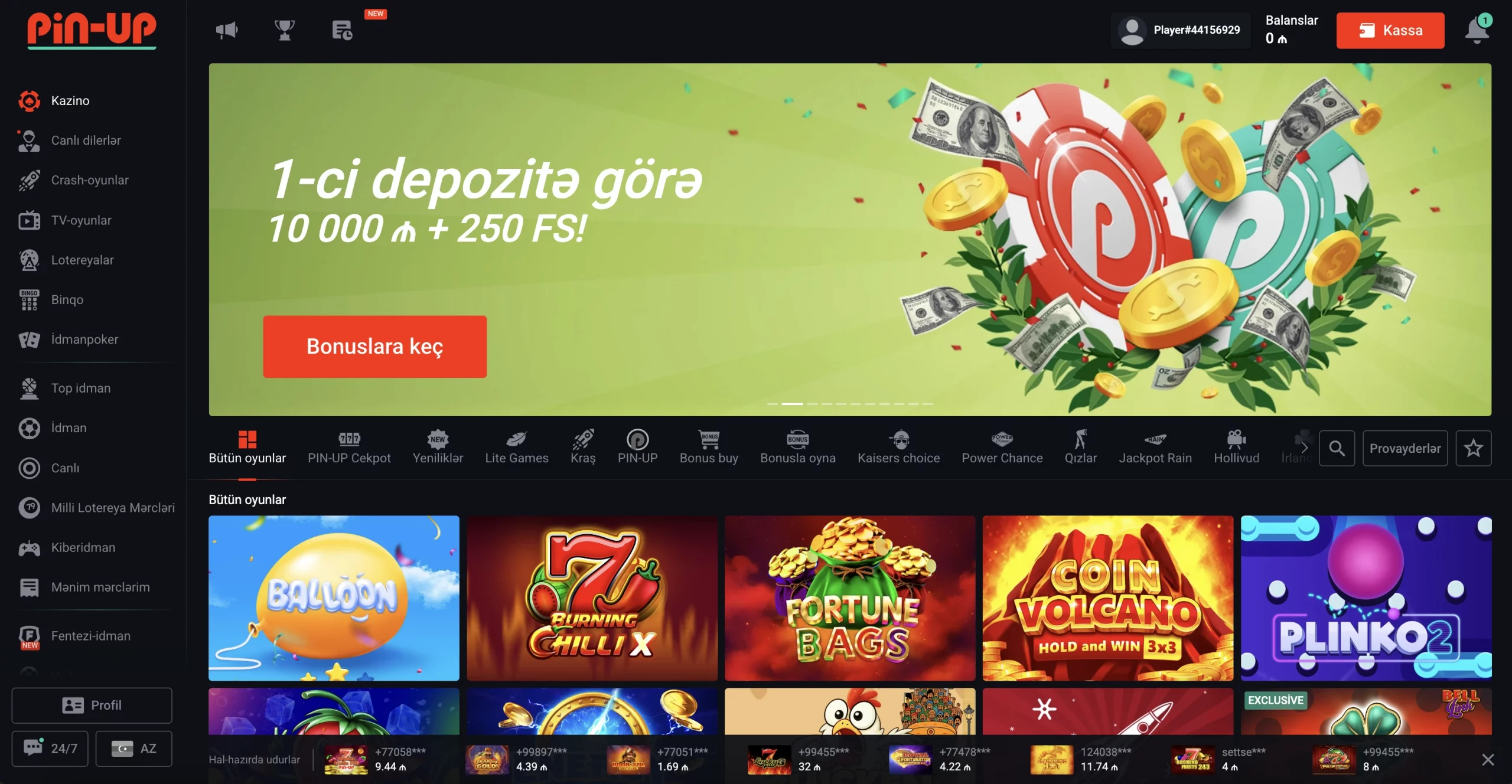 Pin-Up saytında ilk depozit bonus reklamı