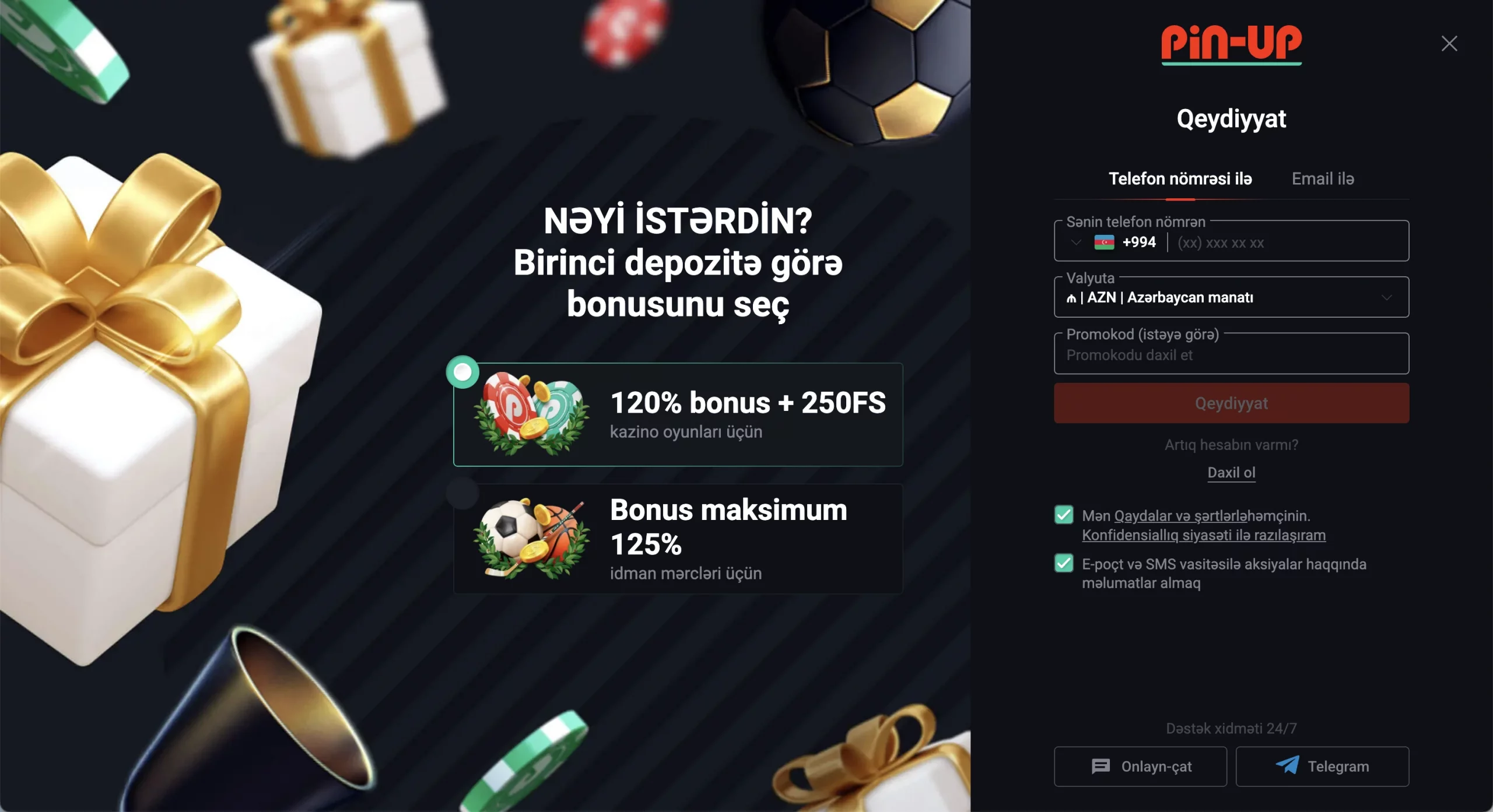 Pin-Up saytında kazino və idman üçün qeydiyyat bonusu seçimləri