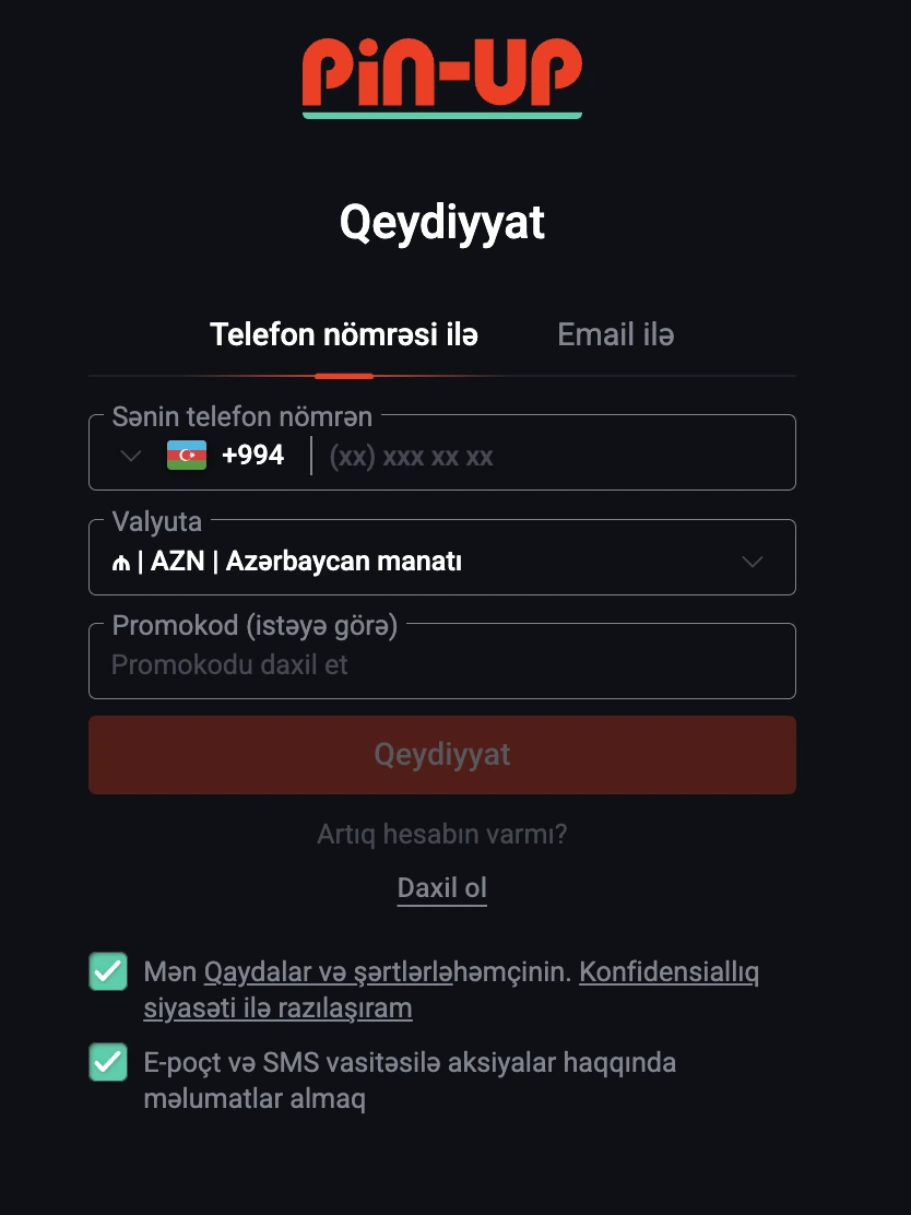 Pin-Up saytında mobil nömrə ilə qeydiyyat forması