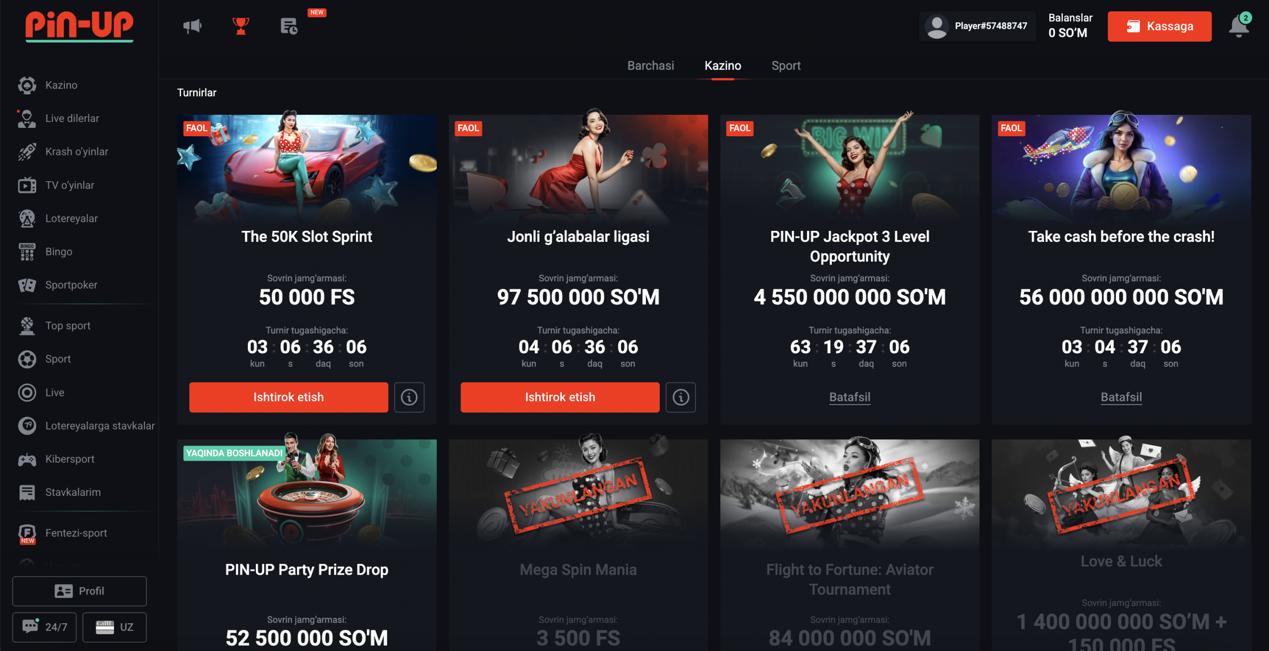 Pin-Up сайтида турнирлар рўйхати ва қатнашиш учун таймерлар